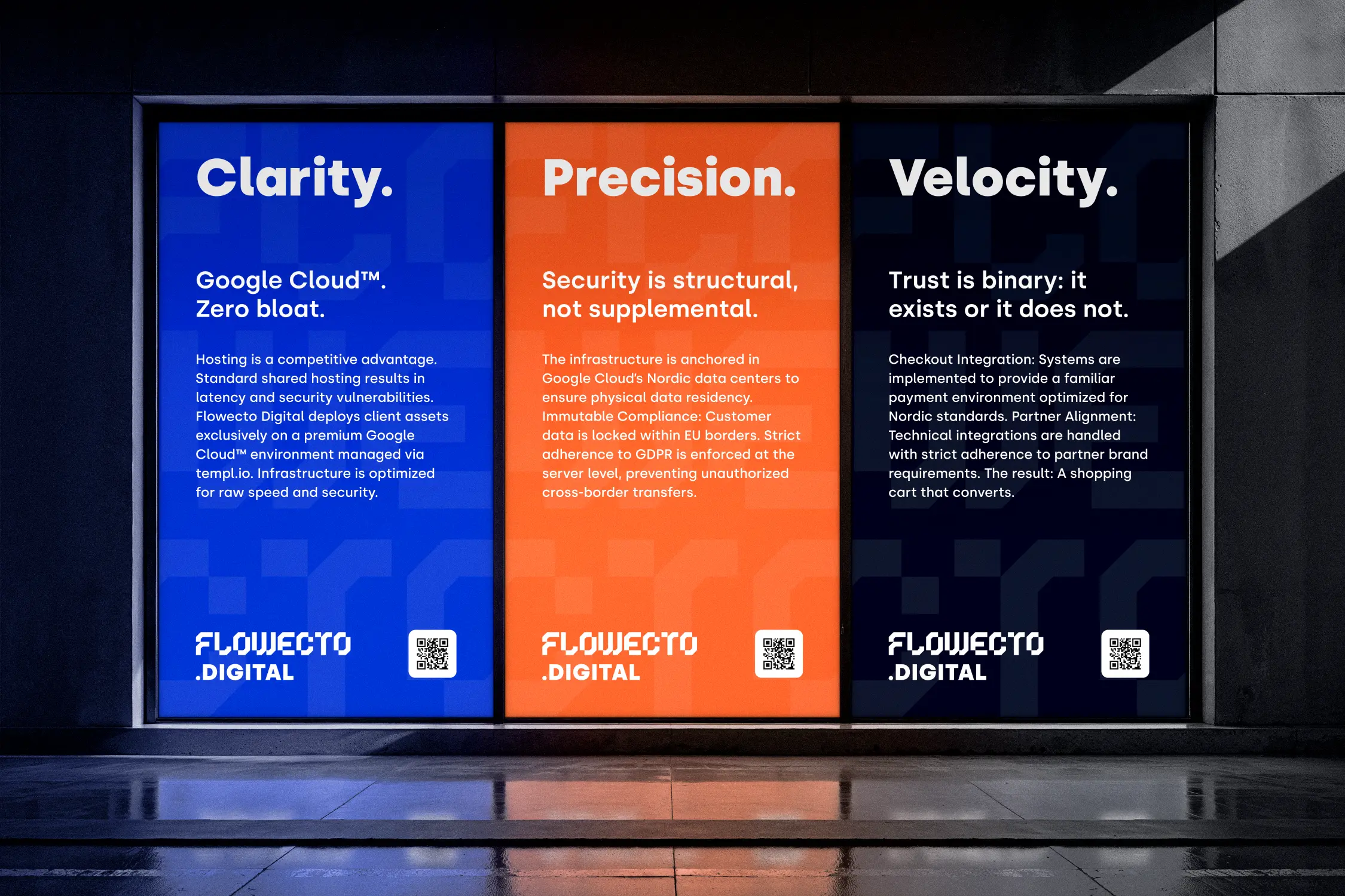 Illuminated FLOWECTO.Digital advertising posters in a window display. The left, blue poster is titled "Clarity." and discusses "Google Cloud™" and hosting. The middle, orange poster is "Precision." and focuses on "Security is structural" and GDPR compliance. The right, dark blue poster is "Velocity." and mentions "Trust is binary" and checkout integration. All posters feature the FLOWECTO.Digital logo and a QR code at the bottom.