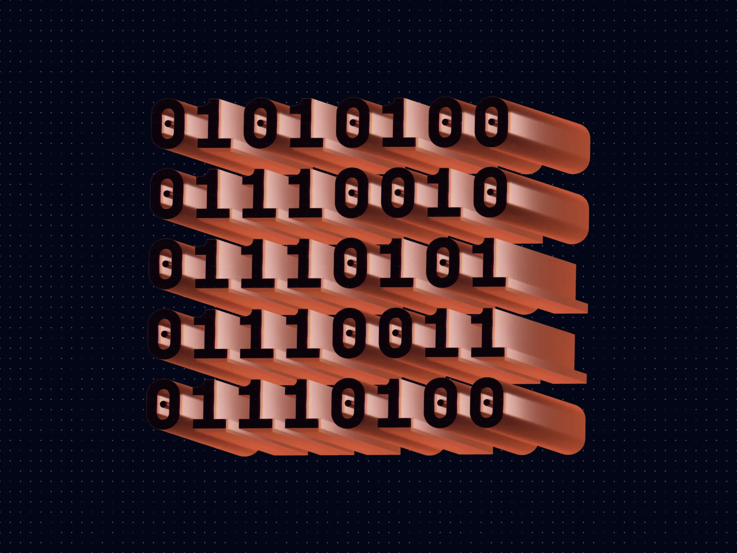 3D copper-toned binary code visualization floating in a dark void. The binary sequence spells the word "Trust" in ASCII, symbolizing the reliability and speed of the payment infrastructure.